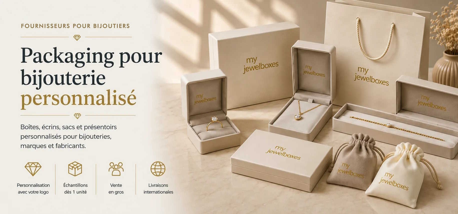 Packaging personnalisé pour bijouterie avec boîtes, écrins, sacs et présentoirs MyJewelBoxes